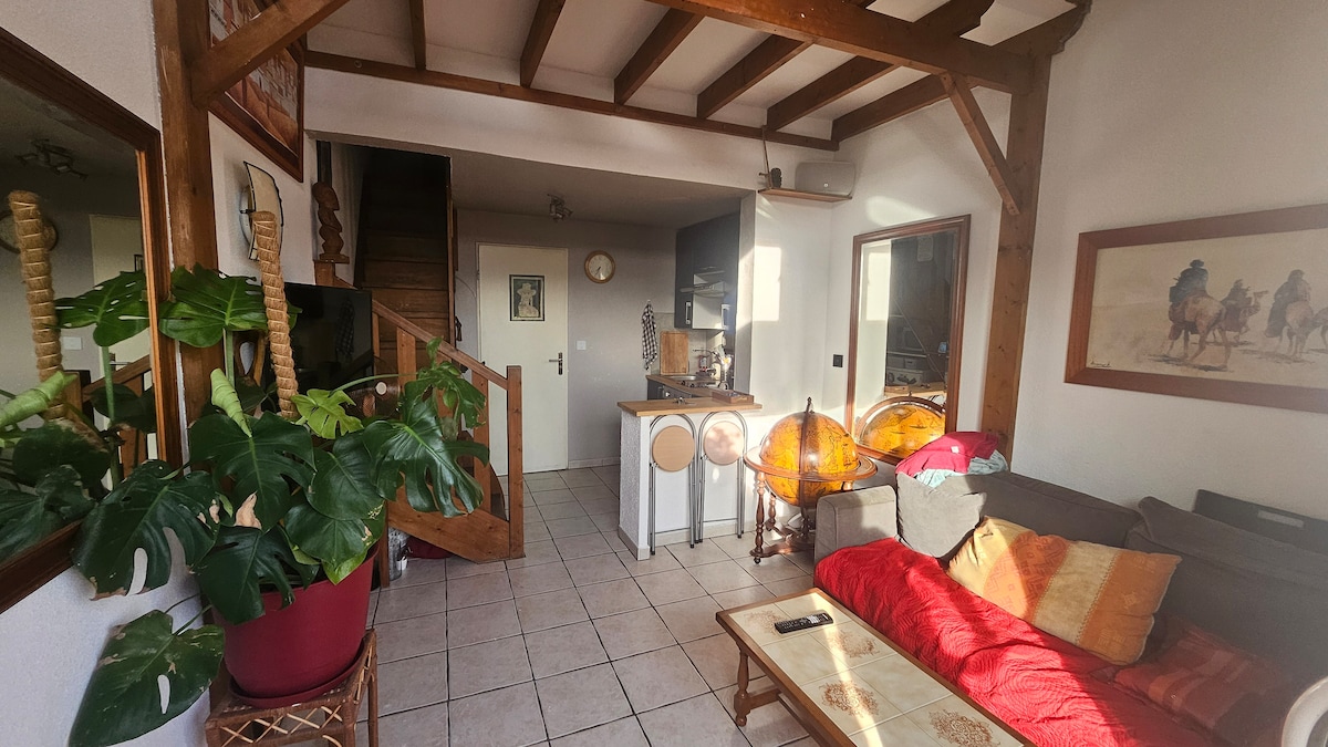 The living area is characterized by wooden beams and a combination of tiled and carpeted flooring. A spacious seating arrangement is paired with decorative cushions. A modern kitchen is situated in the background, and plants are placed to bring a touch of greenery to the space.