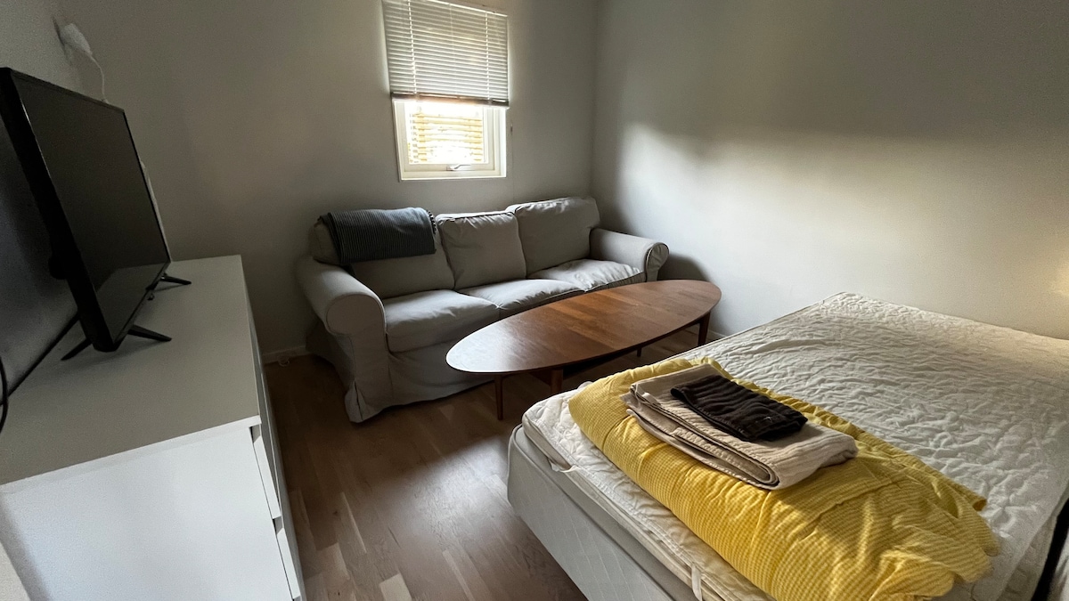 Kitanda cha mtu mmoja pamoja na sofa kubwa ambayo inaweza kutengenezwa kwa godoro 80. Kuna televisheni chumbani ikiwa unataka kuitumia kama sebule ya ziada kama nyongeza ya sebule kwenye ghorofa ya juu.