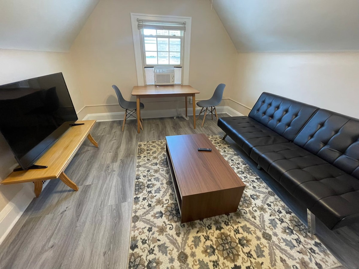 A modern living area is shown with a black futon, a dark wood coffee table, and a light-hued area rug featuring a subtle pattern. A flat-screen television is mounted on a minimalist wooden stand. Natural light enters through a window paired with white trim.