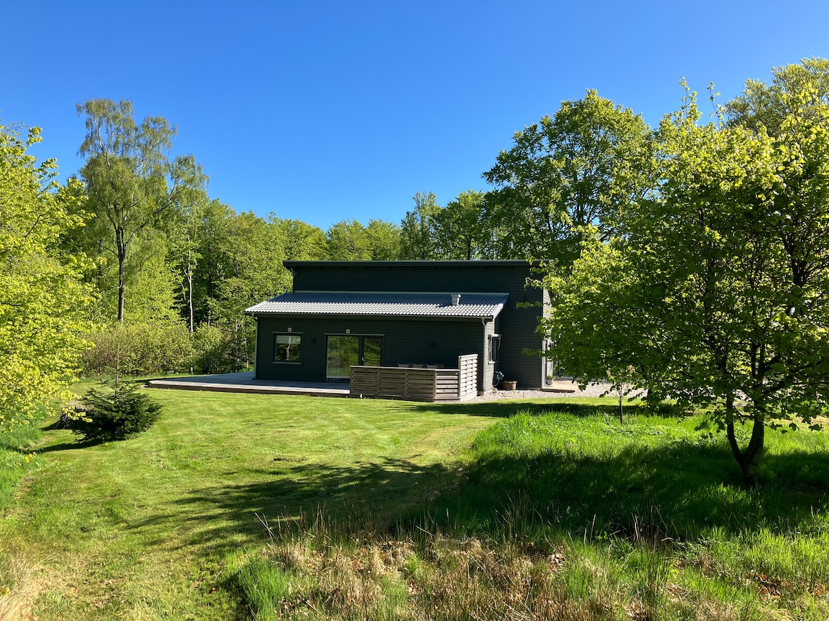 The image showcases a modern house set amidst lush greenery. Large windows reflect natural light, and a spacious patio area is visible. Surrounding trees provide shade, enhancing the serene outdoor environment. Well-maintained grass leads up to the house, creating a welcoming entrance.