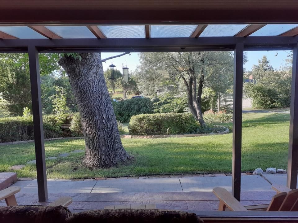 The image captures a view through a screened porch, featuring a large tree and well-maintained green grass. A pathway leads through the landscaping, which includes shrubs and bushes, creating a serene outdoor setting. Two wooden chairs are visible on the porch.