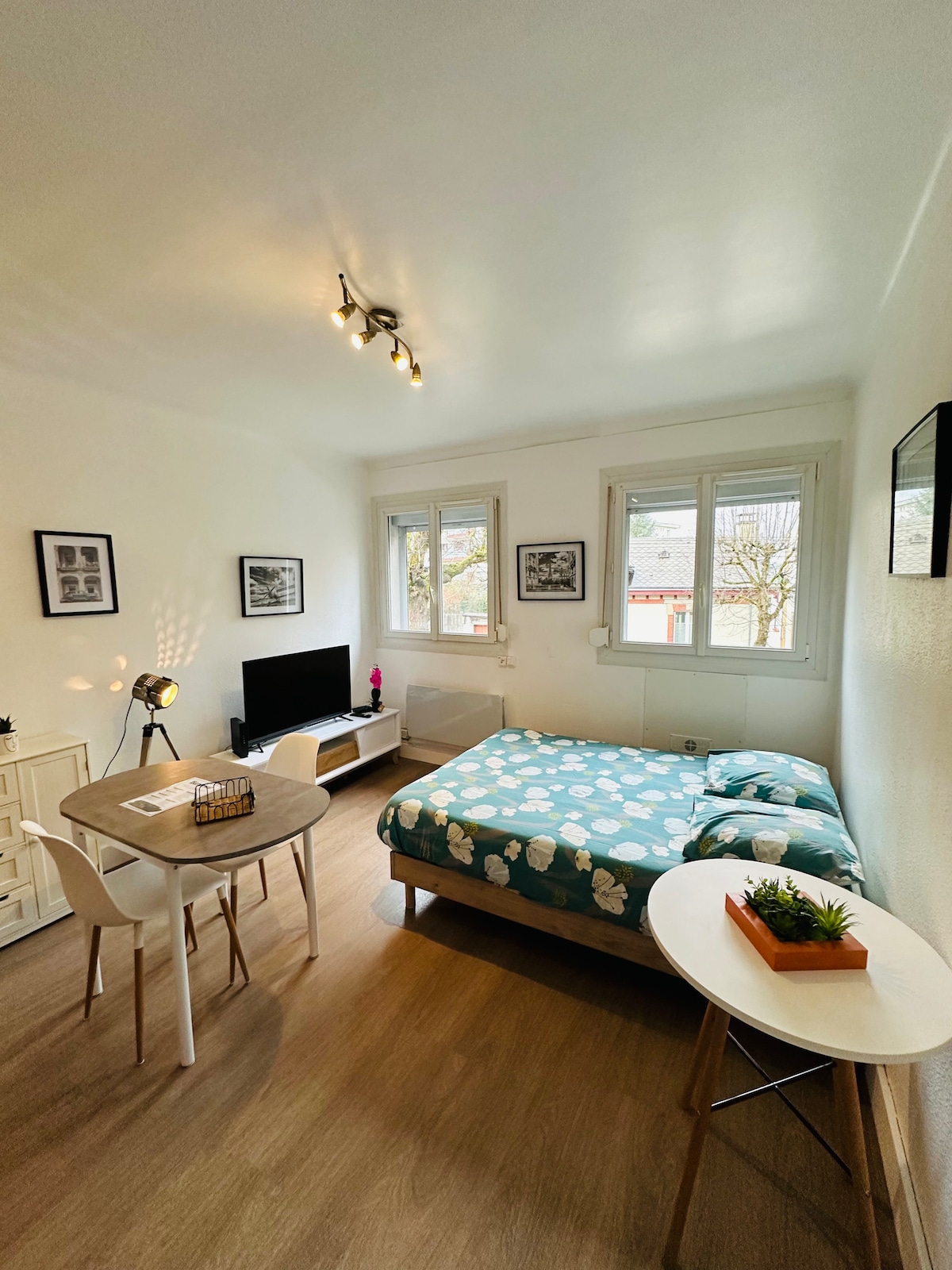 A bright studio is showcased with a spacious bed covered in a floral-patterned duvet. A table with chairs is positioned nearby, while a television is mounted on the wall. Three windows allow natural light to illuminate the space, enhancing the overall brightness.