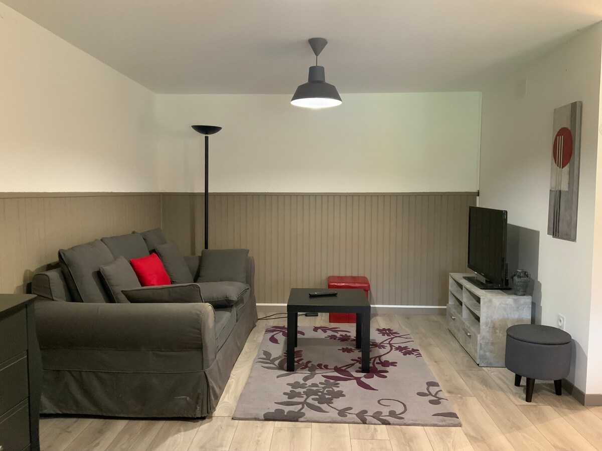 A comfortable living area is featured with a dark sofa, complemented by a red accent pillow. A small black table sits in front of the sofa, with a television mounted on the wall. Soft lighting is provided by a pendant lamp and a floor lamp.