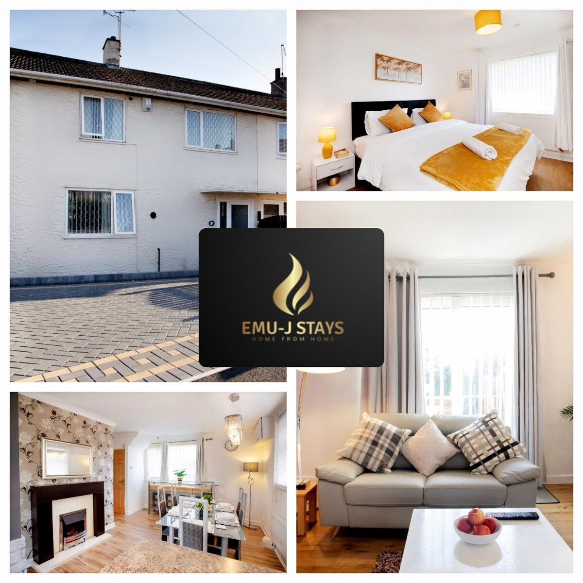 The exterior of the three-bedroom house reveals a welcoming front with a spacious driveway. Inside, a cozy living area is furnished with a comfortable sofa and decorative pillows, while a well-lit dining space features simple table settings and views of the outdoors.