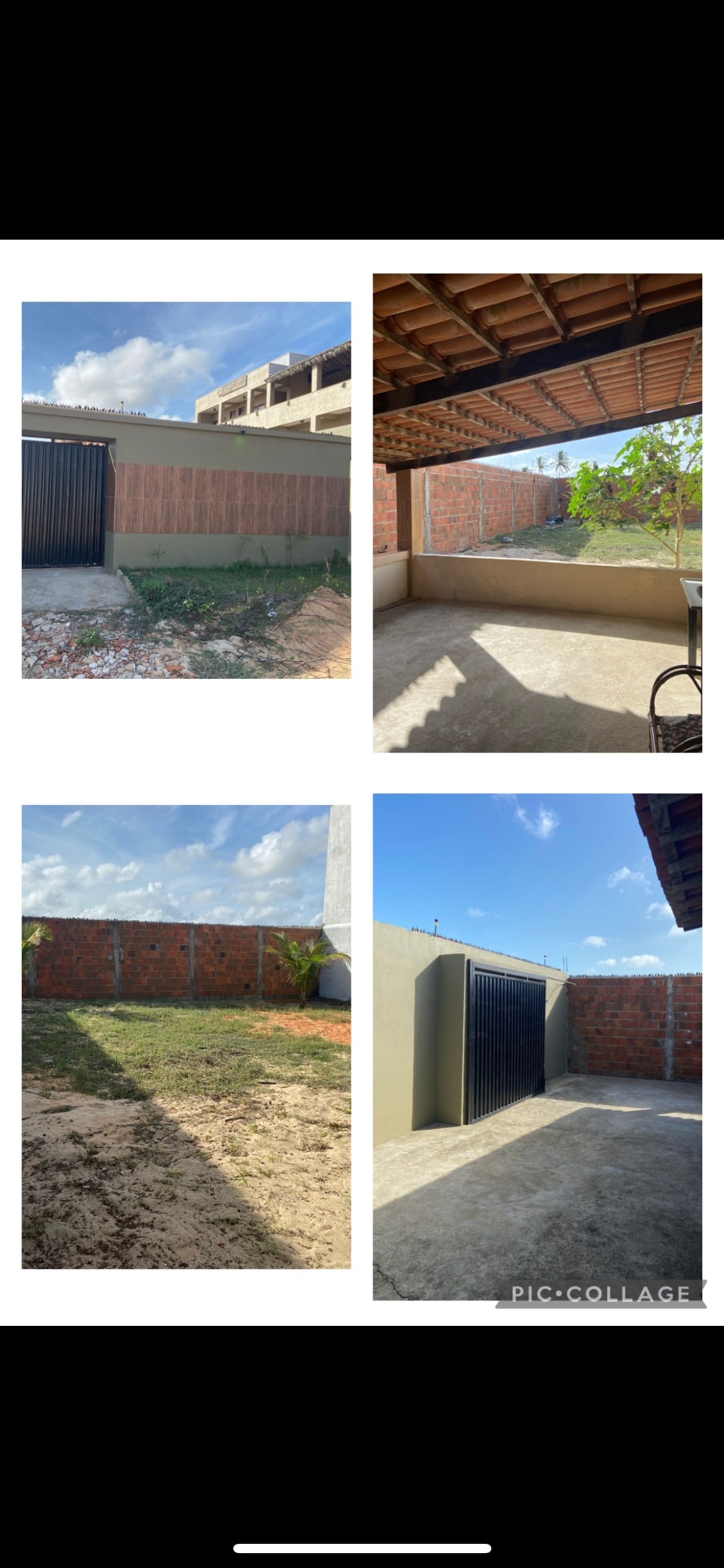 A private outdoor area features a shaded patio with a textured surface, bordered by walls and a wooden gate. Sunlight illuminates sections of the space, while an open area with grass is also visible, providing a versatile setting for relaxation or activities.