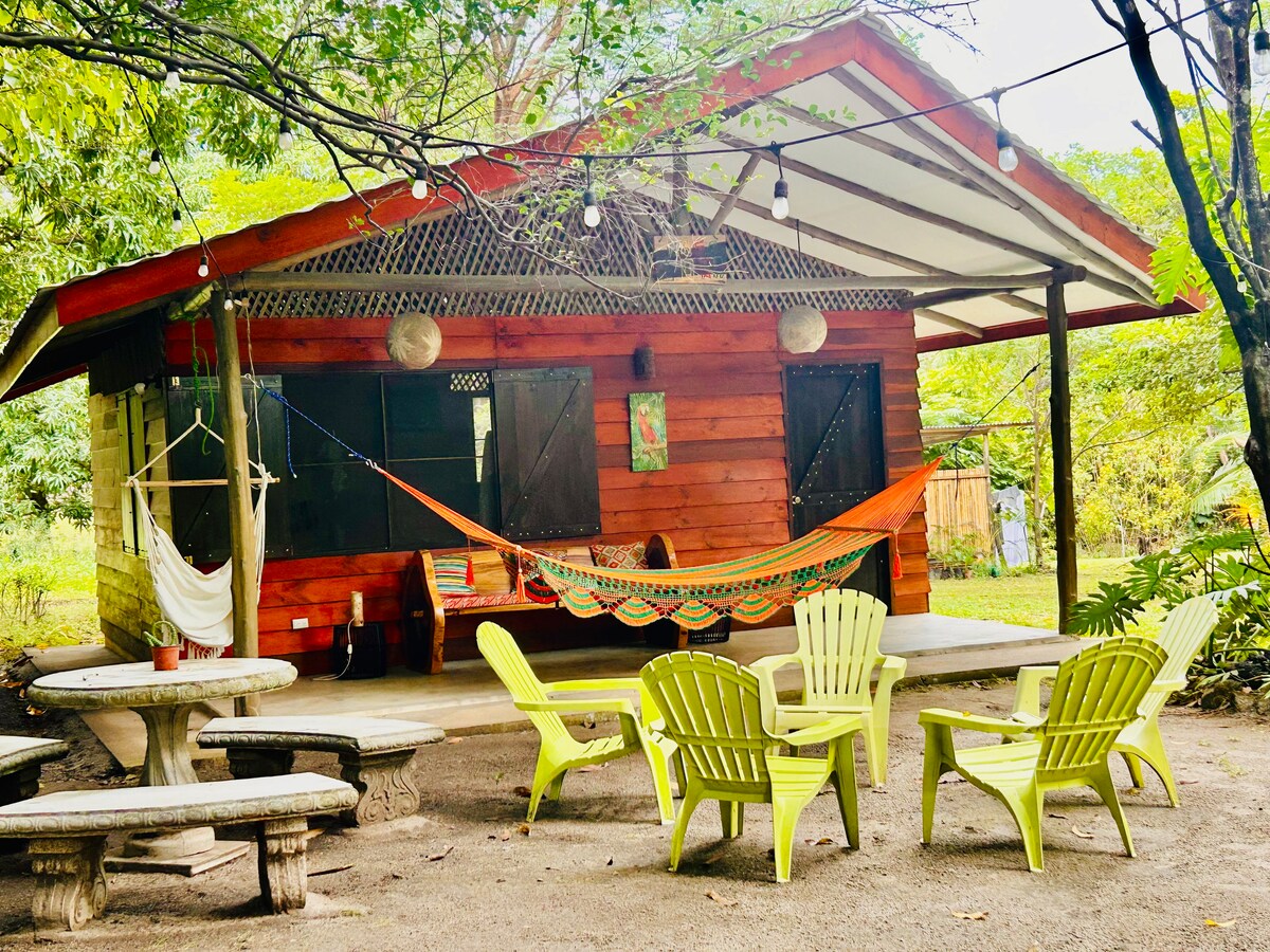 A rustic wooden cabin is surrounded by greenery, featuring a spacious covered porch. A colorful hammock is suspended nearby, complemented by several light green chairs arranged around a circular wooden table, inviting relaxation and outdoor gatherings.