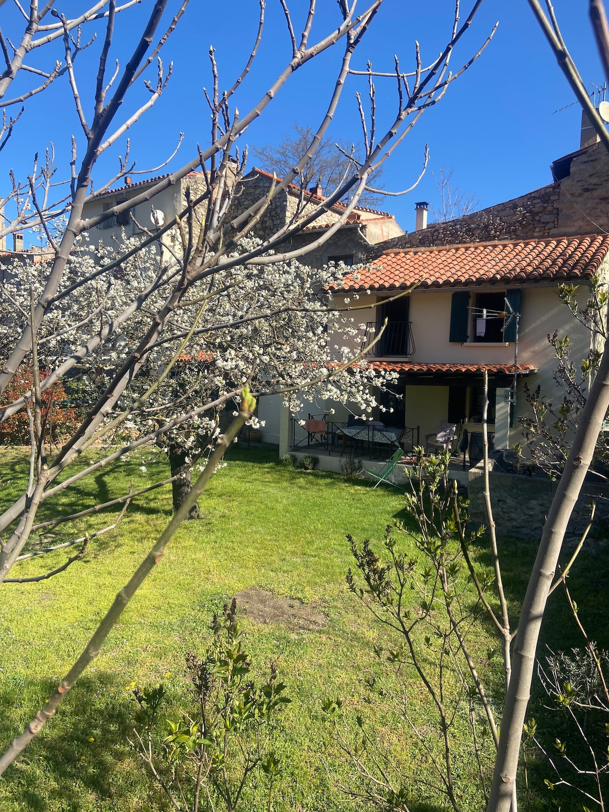 The exterior of the petite mountain house is framed by blooming trees, highlighting its tranquil garden. A spacious lawn stretches out, with the house's charming features, including a tiled roof and balcony, visible in the background under a clear blue sky.