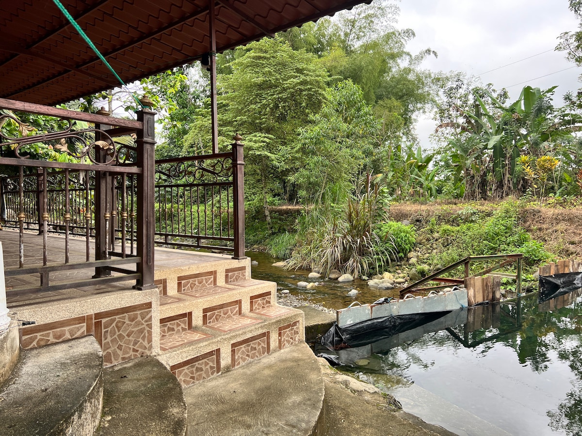 A set of stone steps leads down from a covered patio to a serene waterway. Lush greenery surrounds the calm water, with various plants and trees visible along the banks, creating a natural and peaceful setting.