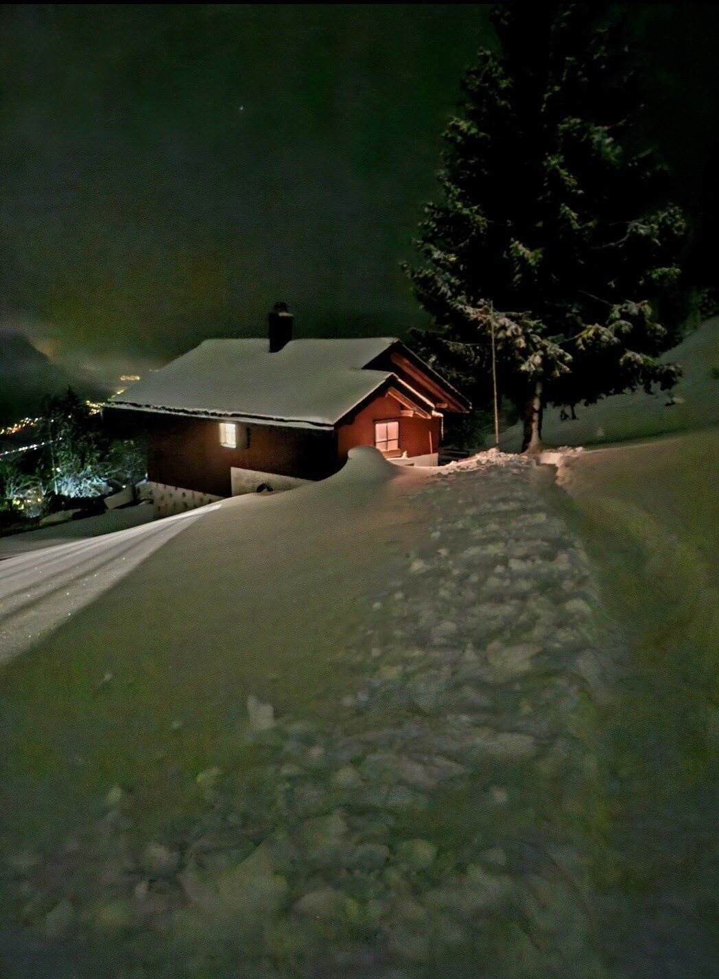 A snow-covered freestanding holiday home is surrounded by a serene winter landscape. Soft light glows from a front window, illuminating the path leading to the entrance. A tall evergreen tree stands nearby, completing the peaceful atmosphere of this secluded retreat.