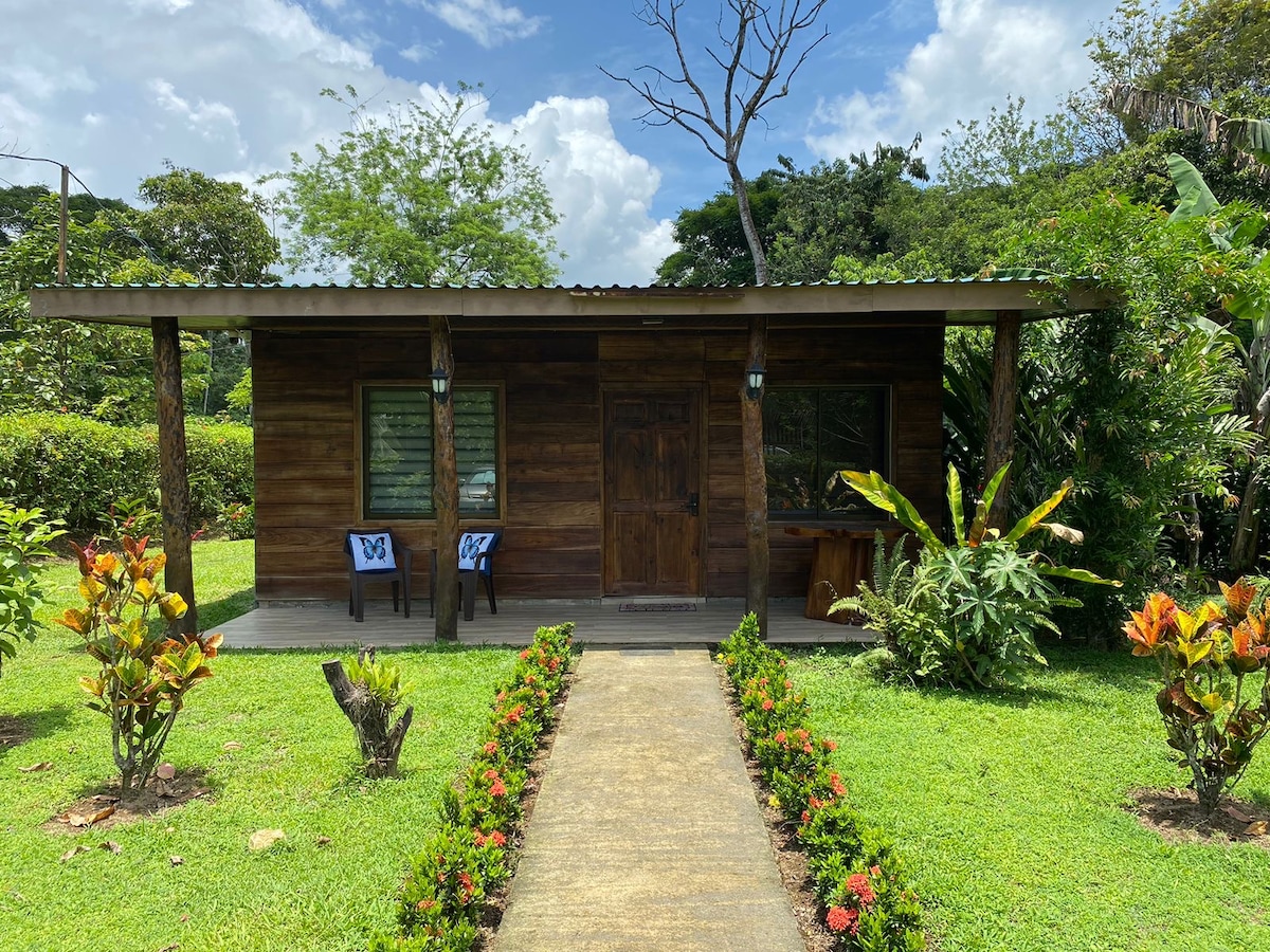 The front view of a wooden cabin is presented, featuring a welcoming porch with two blue chairs. A stone pathway leads up to the entrance, bordered by vibrant green grass and colorful flowering plants. Lush greenery surrounds the cabin, enhancing the serene setting.