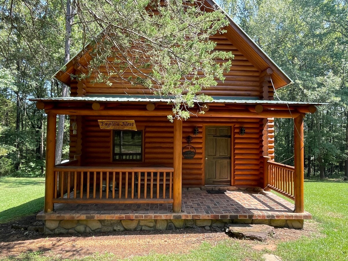 A charming log cabin is set amid a lush green landscape. The front porch features wooden railings and a sturdy door, inviting relaxation. Sunlight filters through surrounding trees, enhancing the natural surroundings.