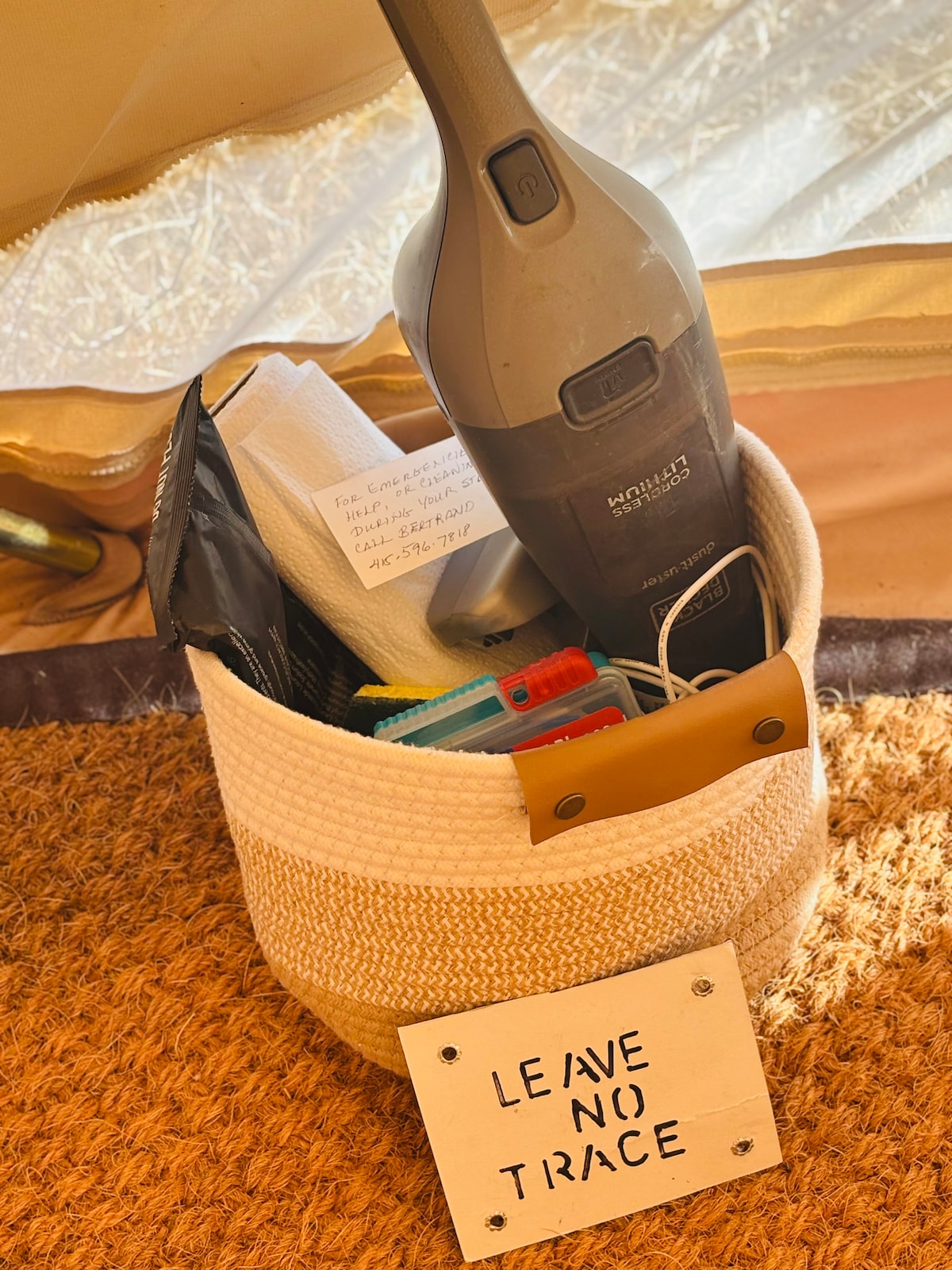 THE LEAVE NO TRACE BASKET...this helps guests keep our 5 Star SUPERHOST cleanliness rating and respect the fine furnishings in the Belle. We use only natural fibers and the finest 