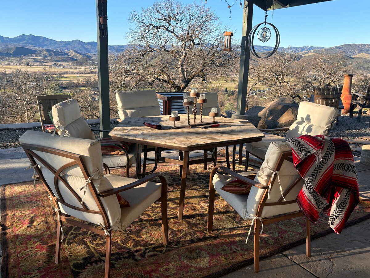 SHARED AREA--dining pergola adjacent to our farm home is shared with guests, with edison lights, misters, ceiling fan, electricity, high speed 41 mps wifi, and visiting hawks and h