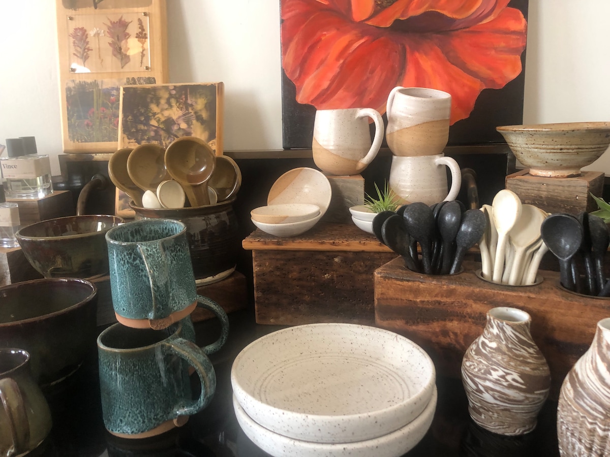 Hand made ceramics by local makers for sale in Kelseyville, also visit the ceramic kiln in Cobb, or Middletown Mercantile for local ceramic wares. at Bohemian Belle Yurt in Hidden 