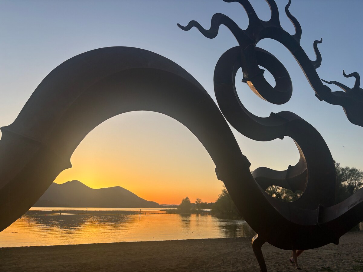Dragon sculpture installation in Austin Park, Clearlake. You can rent a kayak or paddle board here. at Bohemian Belle Yurt in Hidden Valley Lake