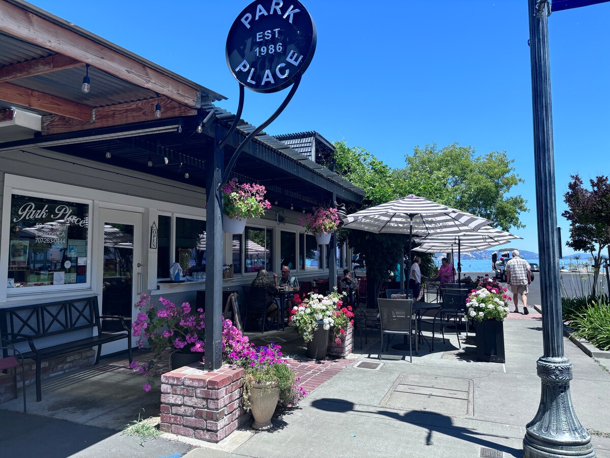 Lakefront dining at Park Place in Lakeport. at Bohemian Belle Yurt in Hidden Valley Lake