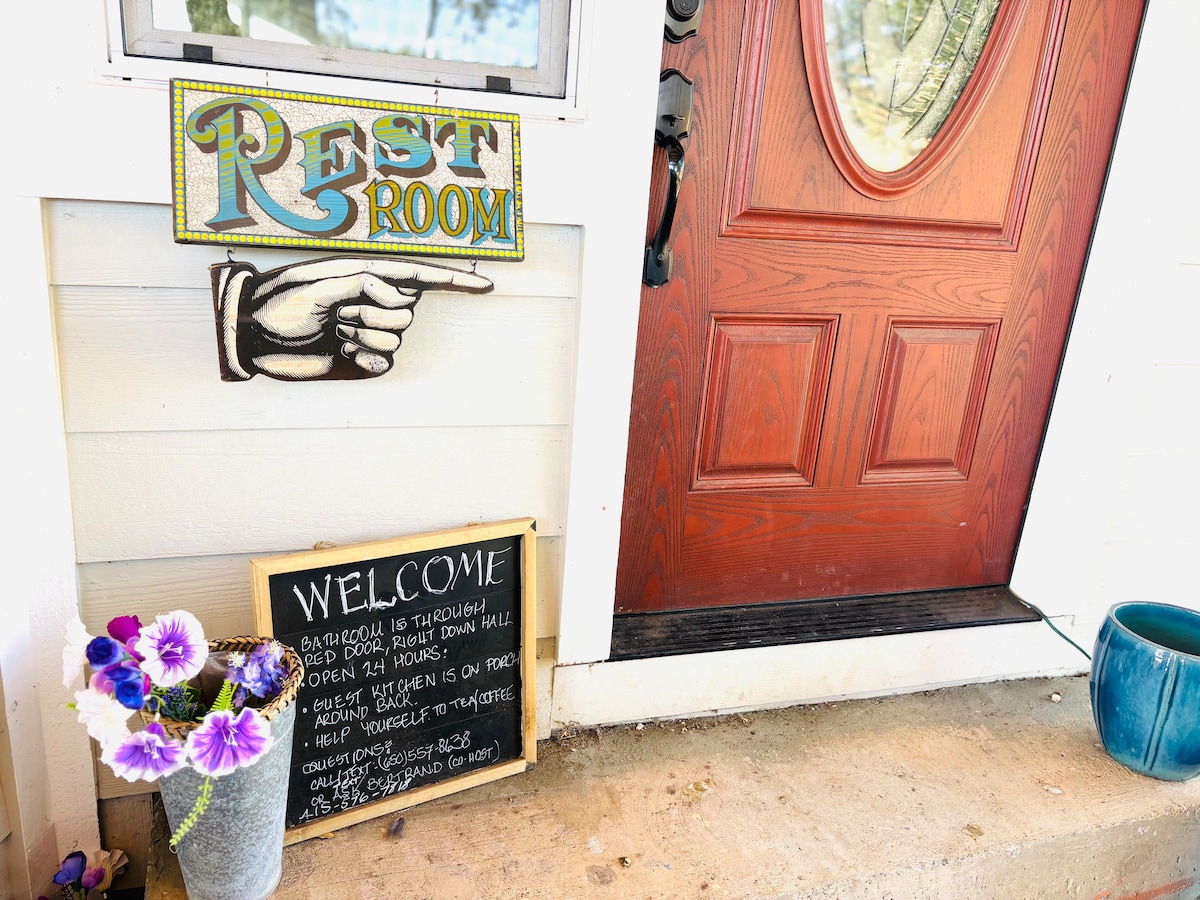 The bathroom is available 24/7 for guests and is 150 feet from the Belle. at Bohemian Belle Yurt in Hidden Valley Lake