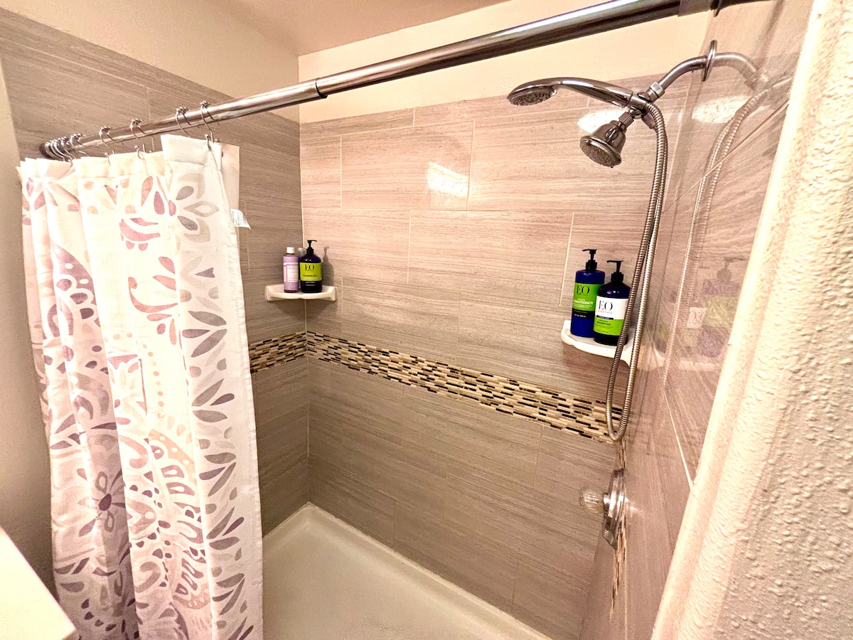 Guest bathroom in the farm house : Big walk in shower with organic EO soap and shampoo at Bohemian Belle Yurt in Hidden Valley Lake