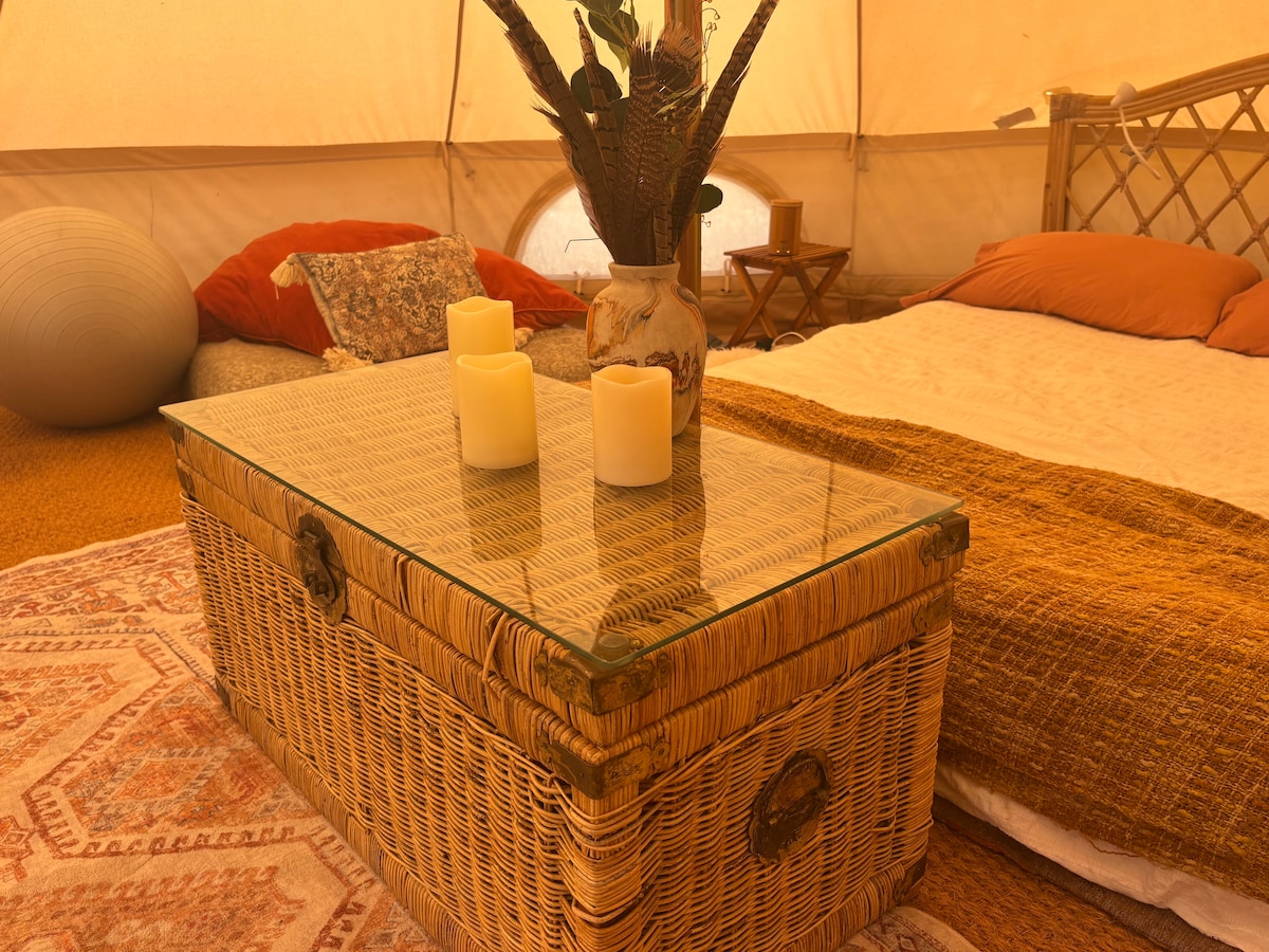 The midcentury vintage bamboo chest has extra blankets. Battery powered candles for romantic light. Native American touches, vase, dream catcher, local wild turkey and pheasant fea