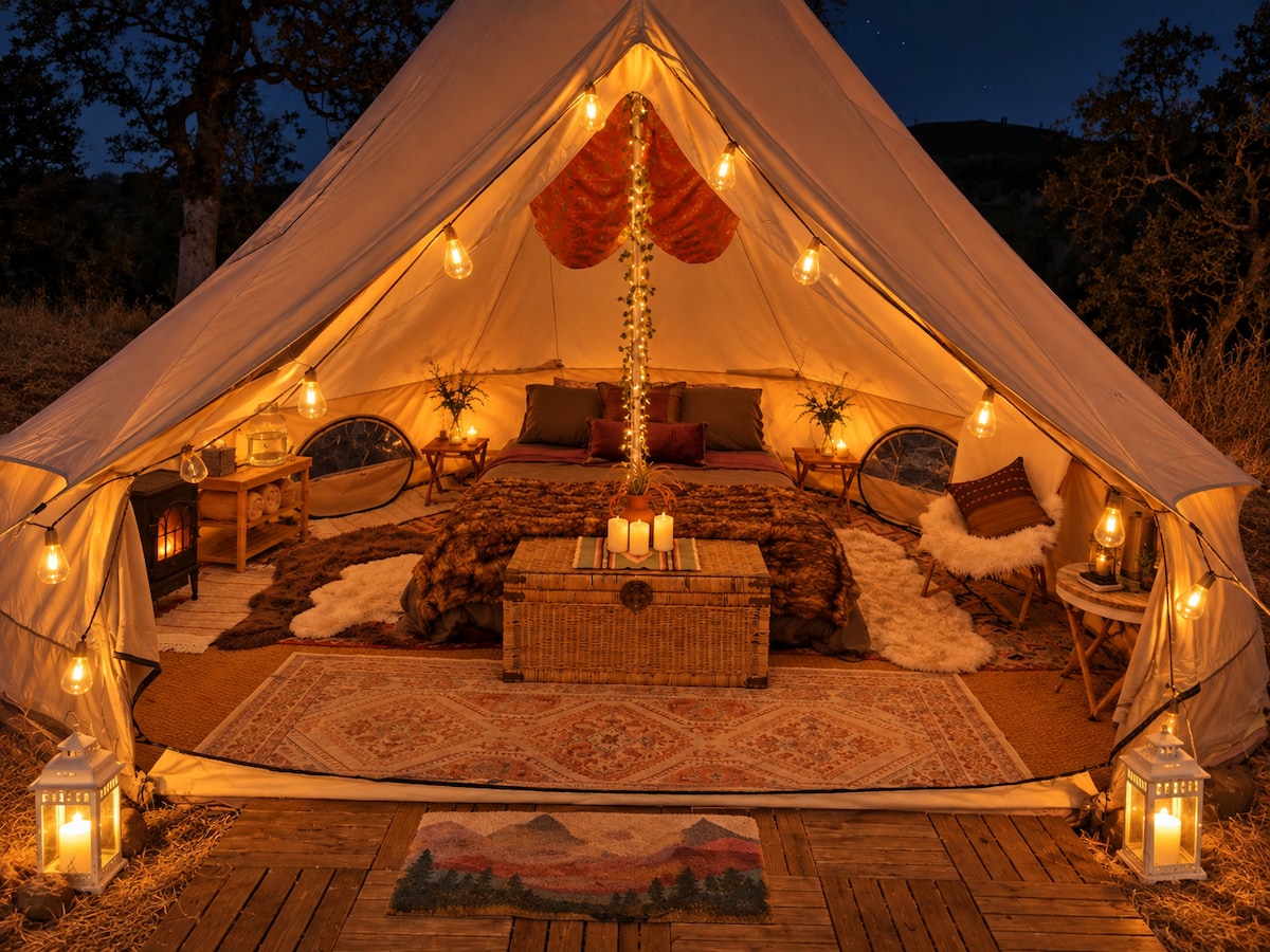 The Bohemian Belle 2026 decor, at night with the lighting. The lights are automatically lit. at Bohemian Belle Yurt in Hidden Valley Lake