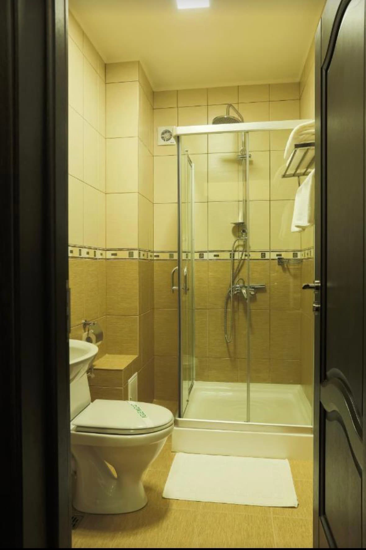The compact bathroom features a glass shower enclosure and a modern toilet. Beige tiles are used on the walls and floor, while a small white rug lies in front of the shower. Towels are neatly hung on a rack above the shower.
