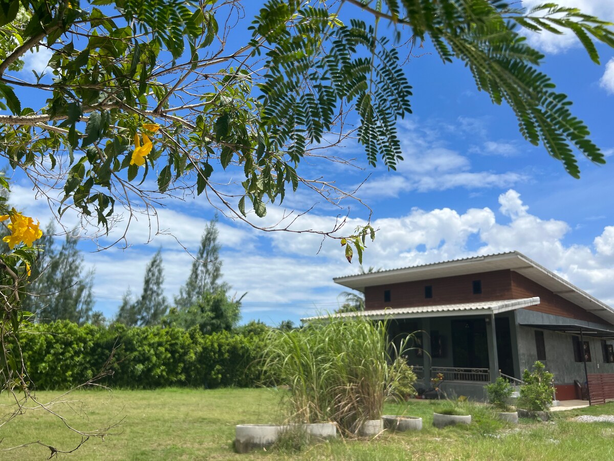 A serene landscape showcases a designed house nestled amidst green grass and trees. Yellow flowers adorn the foreground, while the bright sky adds a scenic backdrop. The building features a modern architectural style with a sloped roof and large windows that invite natural light.