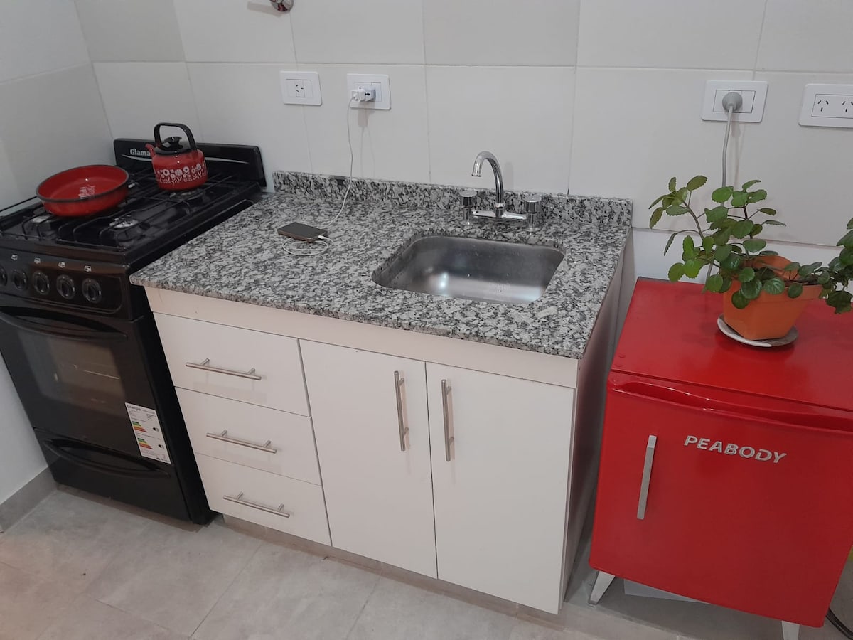 A functional kitchen showcases a granite countertop with a stainless steel sink. A stovetop is positioned next to a black oven. A small red refrigerator adds a pop of color, while a potted plant brings a touch of greenery to the space.