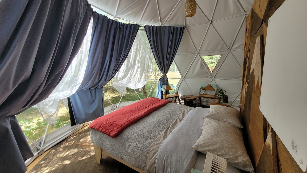 An inviting glamping dome interior features a spacious bed dressed in neutral tones and a bold red accent blanket. Large windows framed with flowing curtains provide natural light, while wooden accents and simple furnishings create a cozy and warm atmosphere.