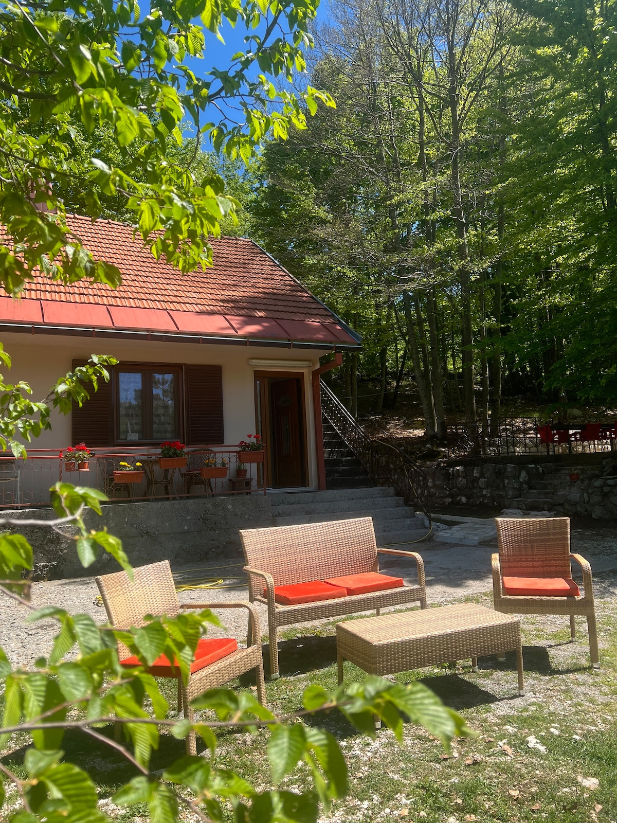 A charming house is nestled among lush greenery, featuring a spacious outdoor seating area with four wicker chairs adorned with orange cushions. A pathway leads to the entrance, surrounded by vibrant flower pots, while the forest backdrop enhances the serene setting.