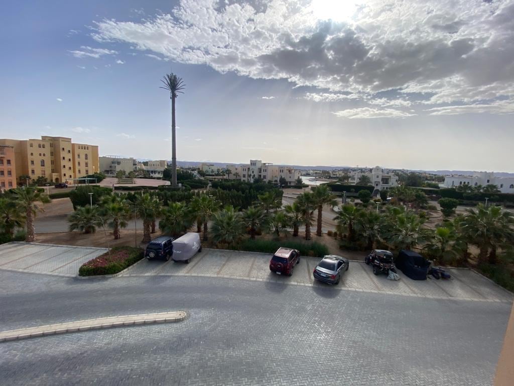 A view from a balcony showcases a landscaped area with palm trees lining the pathway. Several parked cars are visible, and buildings with a warm color palette create a serene backdrop under a partly cloudy sky. Natural light filters through the clouds.