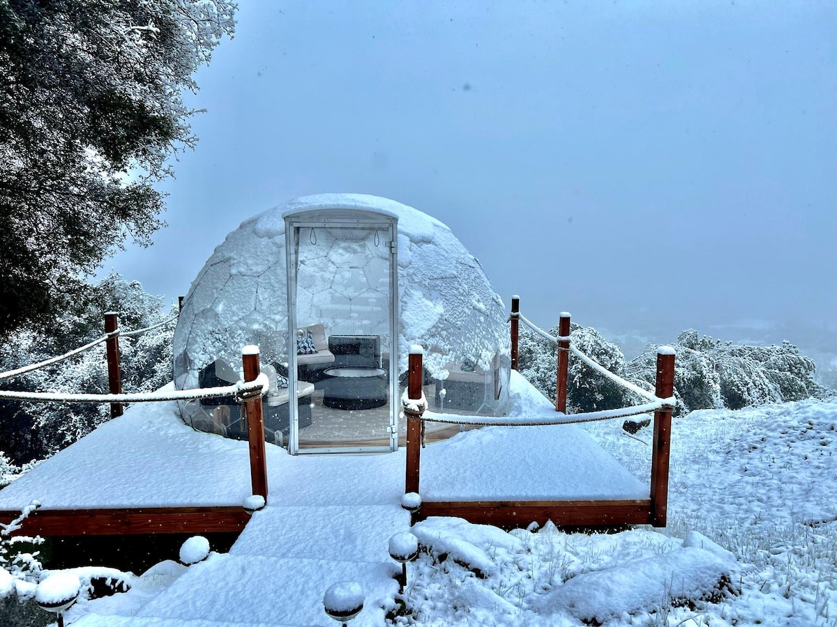A dome structure is nestled amid a snowy landscape. Snow blankets the deck and surrounding ground, creating a serene winter scene. The entrance to the dome is framed by glass, revealing a cozy interior, while white snowflakes gently fall around the area.