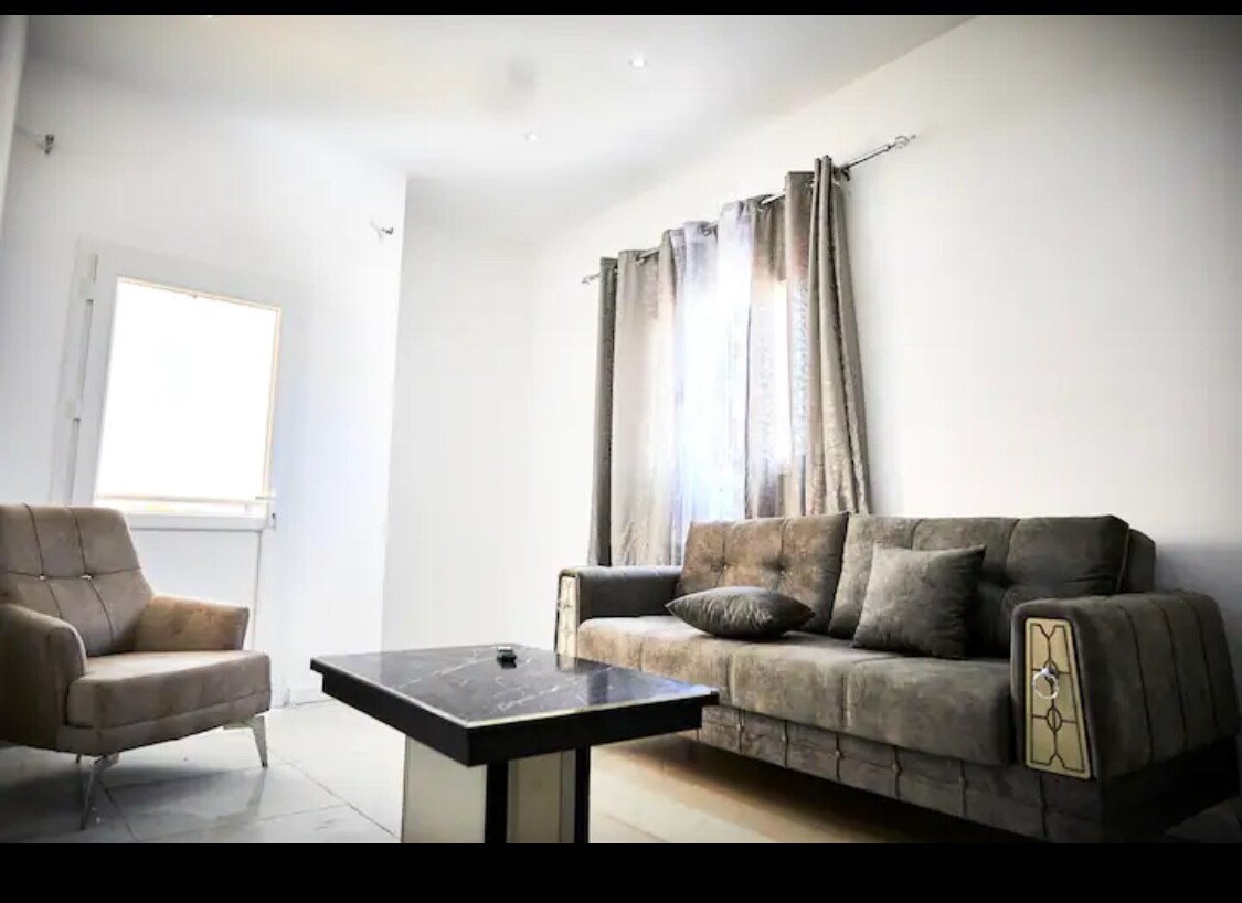 A light and airy living area features a plush gray sofa adorned with decorative cushions. A cozy armchair complements the furniture arrangement. Natural light enters through a window, partially covered by sheer curtains, while a simple black coffee table anchors the space.