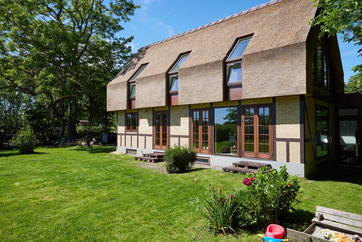 A modern two-story house features a thatched roof and large windows that reflect the surrounding greenery. The spacious garden is landscaped with a neatly trimmed lawn and colorful flowers, creating a serene outdoor space for relaxation and play.