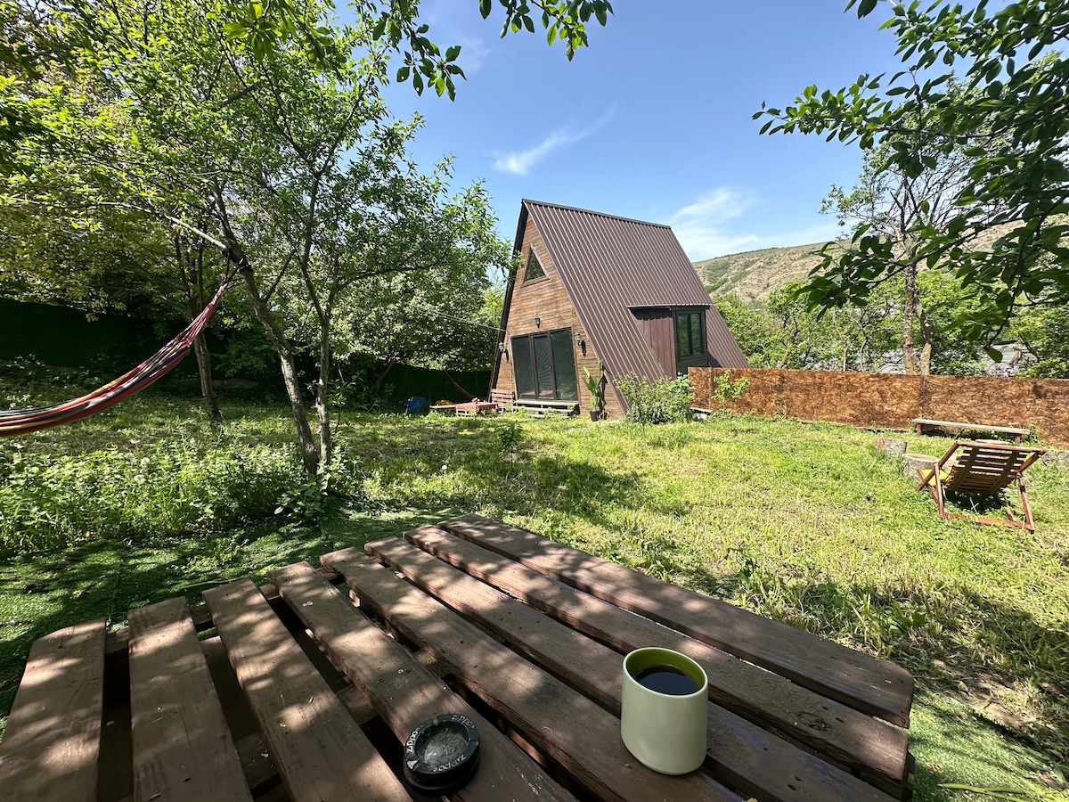 A spacious yard features various greenery, with a rustic wooden table positioned in the foreground. A hammock is visible among the trees, while a wooden chair rests nearby. The house showcases an A-frame design, surrounded by a peaceful natural environment.