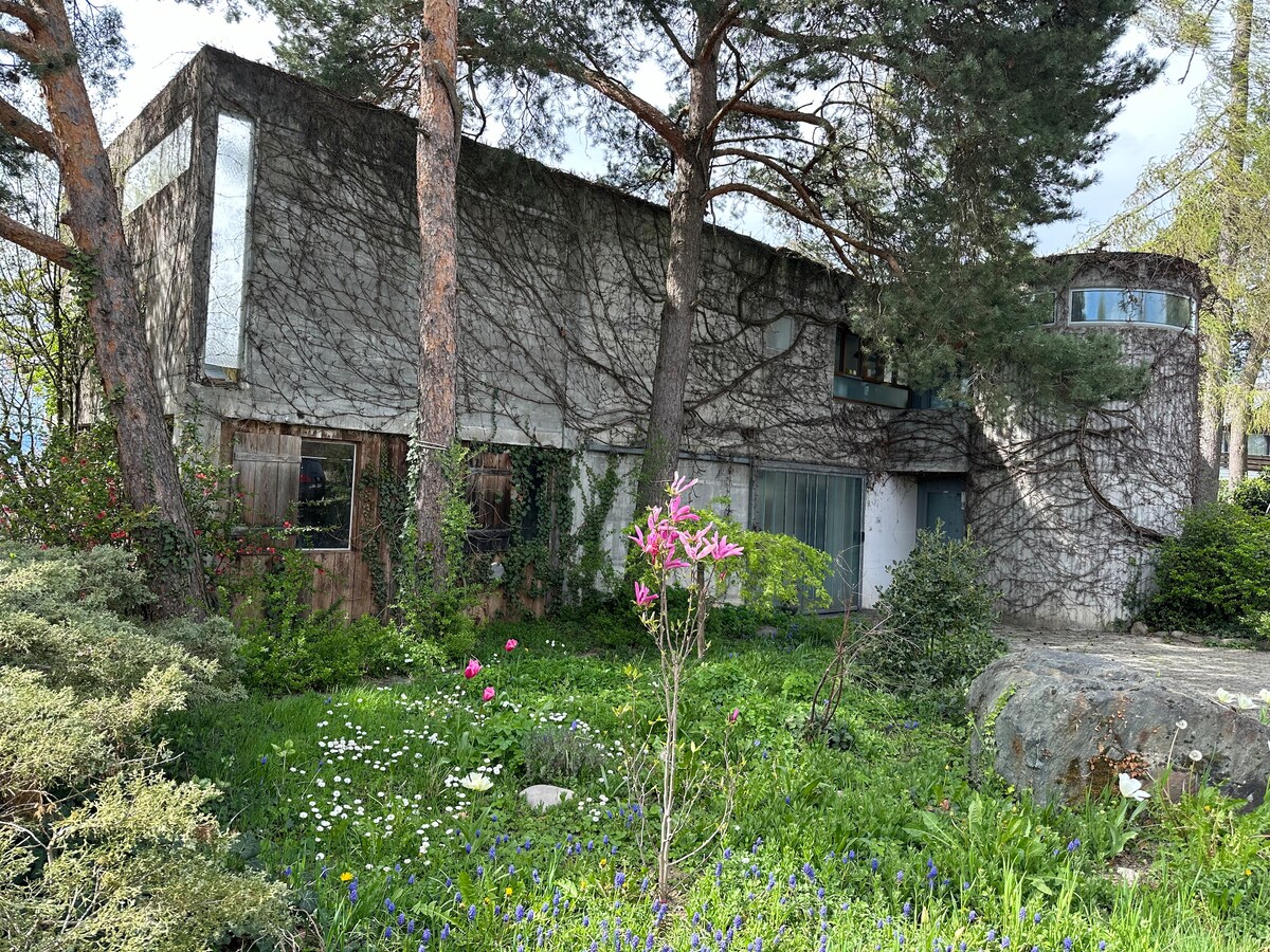 The exterior of a unique concrete house is covered partially with climbing plants, surrounded by lush greenery. Colorful flowers bloom in the foreground, adding vibrancy. The structure showcases distinct architectural lines and a circular tower, contributing to its modern aesthetic.