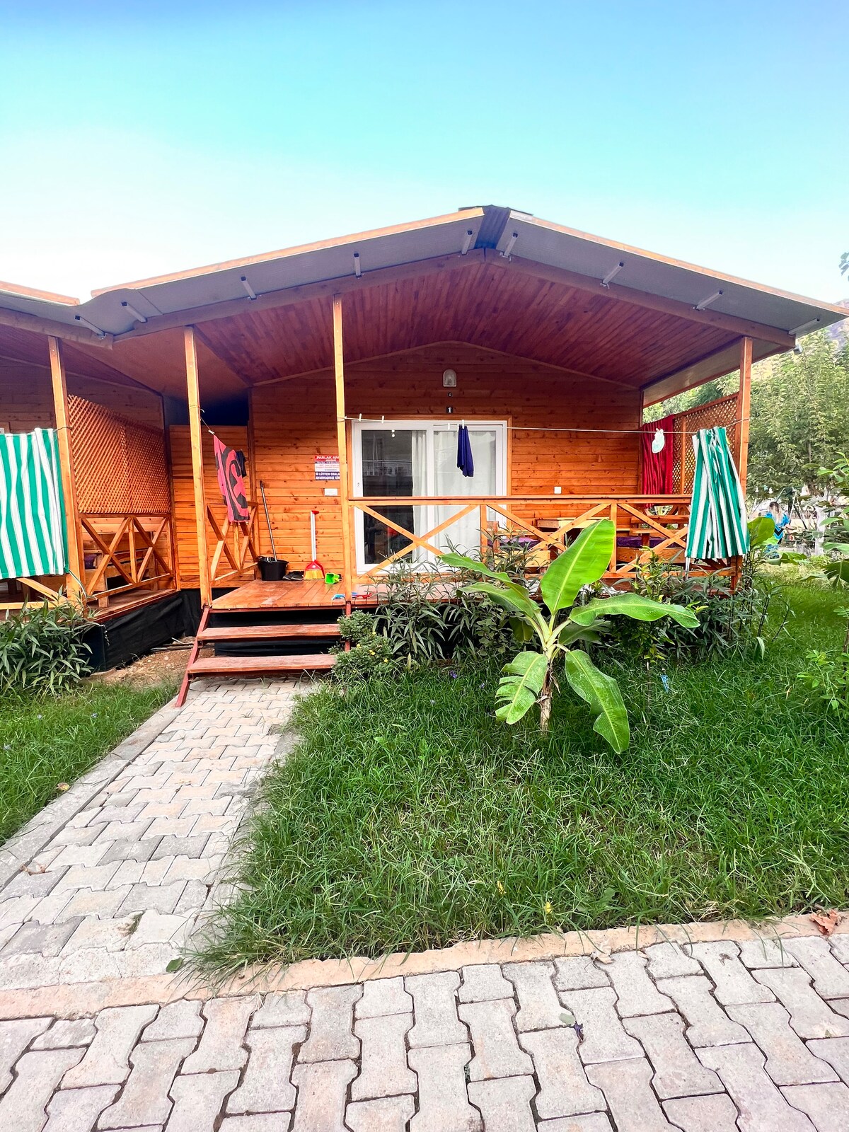 A wooden cabin with a sloped roof is shown with a porch featuring striped awnings. Lush greenery surrounds the structure, and a stone pathway leads to the entrance. The front door is framed by plants, enhancing the cabin's natural setting.