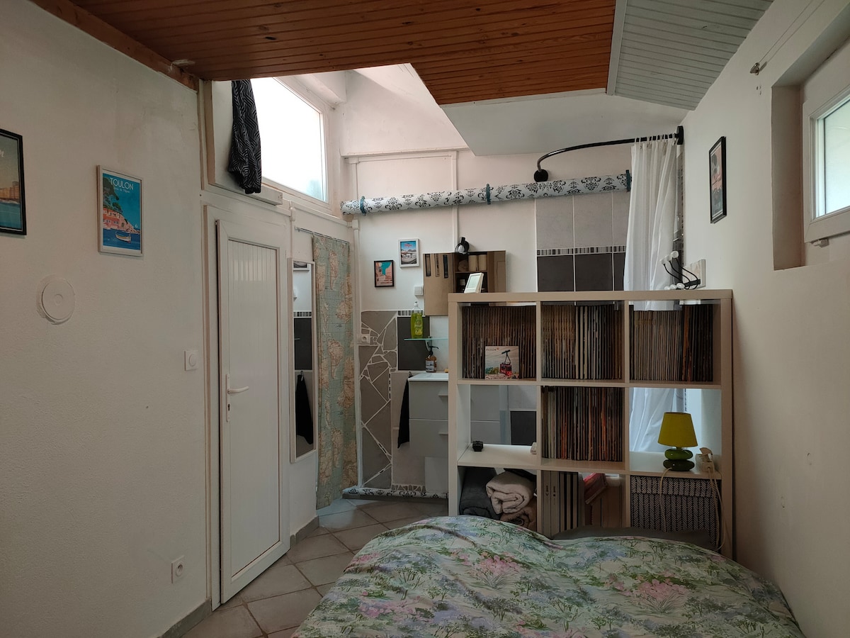 A comfortable studio features a spacious bed with a floral patterned cover. Shelving arranged with vinyl records is visible, alongside a small lamp. A kitchenette area includes essentials, while a door leads to a private entrance. Large windows allow natural light to brighten the space.
