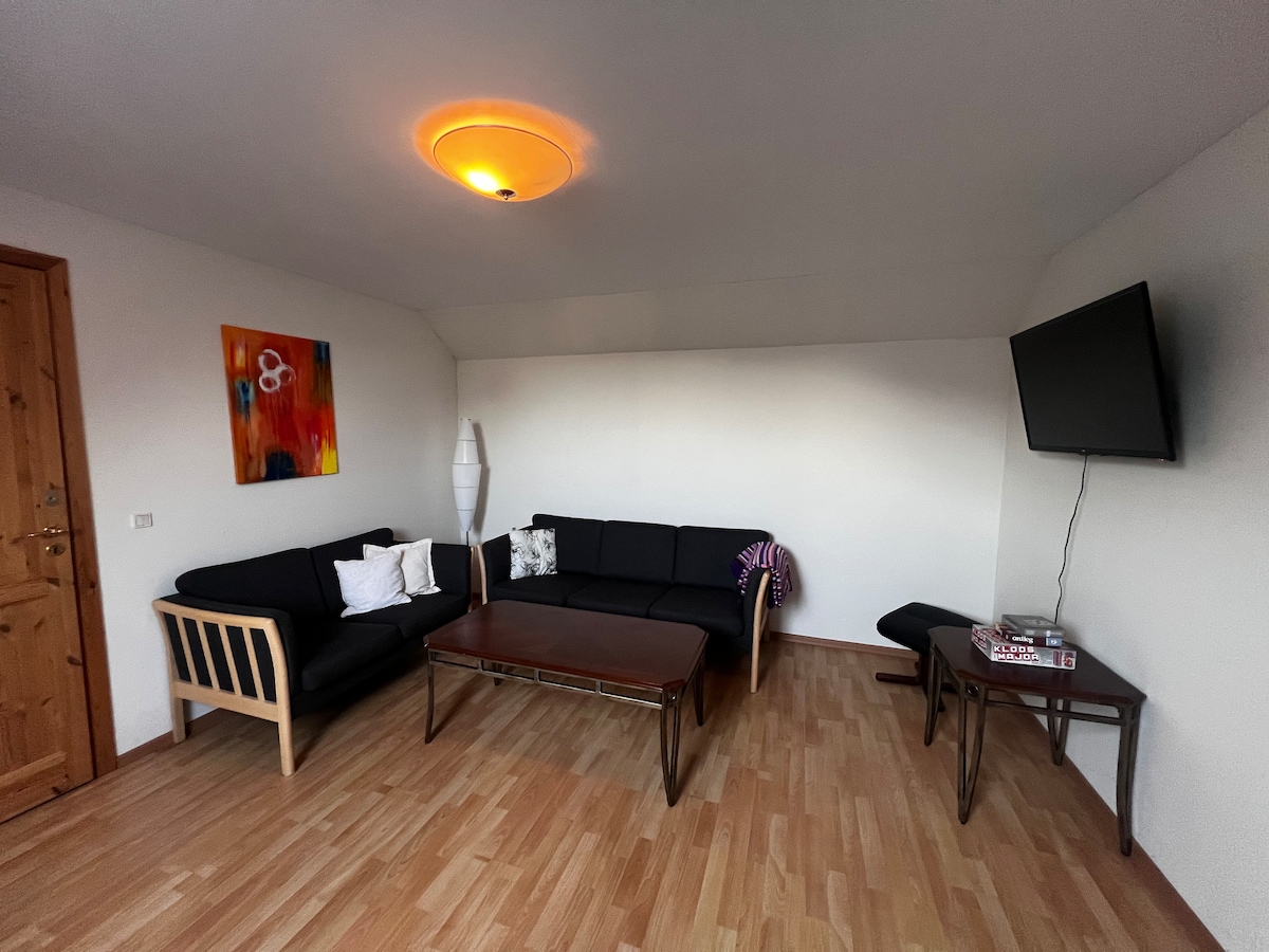 The living room features two black sofas arranged around a central wooden coffee table. A slim, modern lamp provides lighting, while a television is mounted on the wall. A vibrant artwork adds a splash of color to the neutral walls.