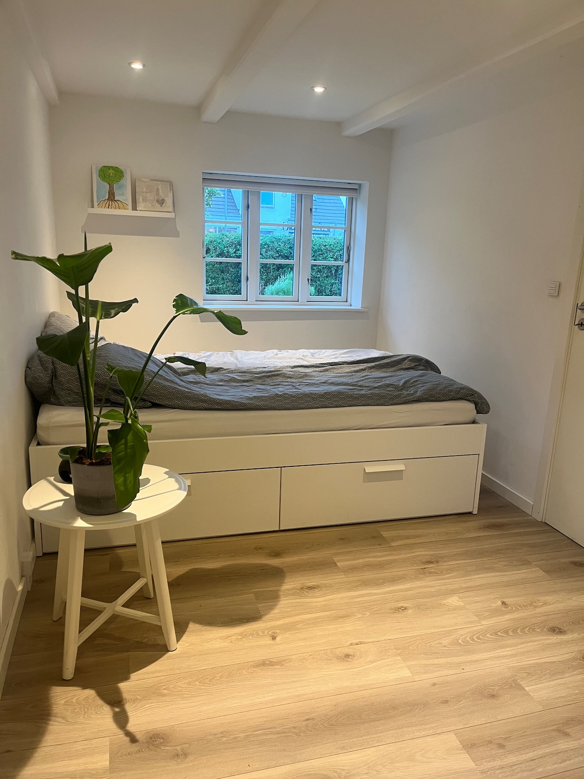 غرفة نوم بمساحة 12 مترًا مربعًا مع سريرين وطاولة ملابس وخزانة تخزين على الشماعات