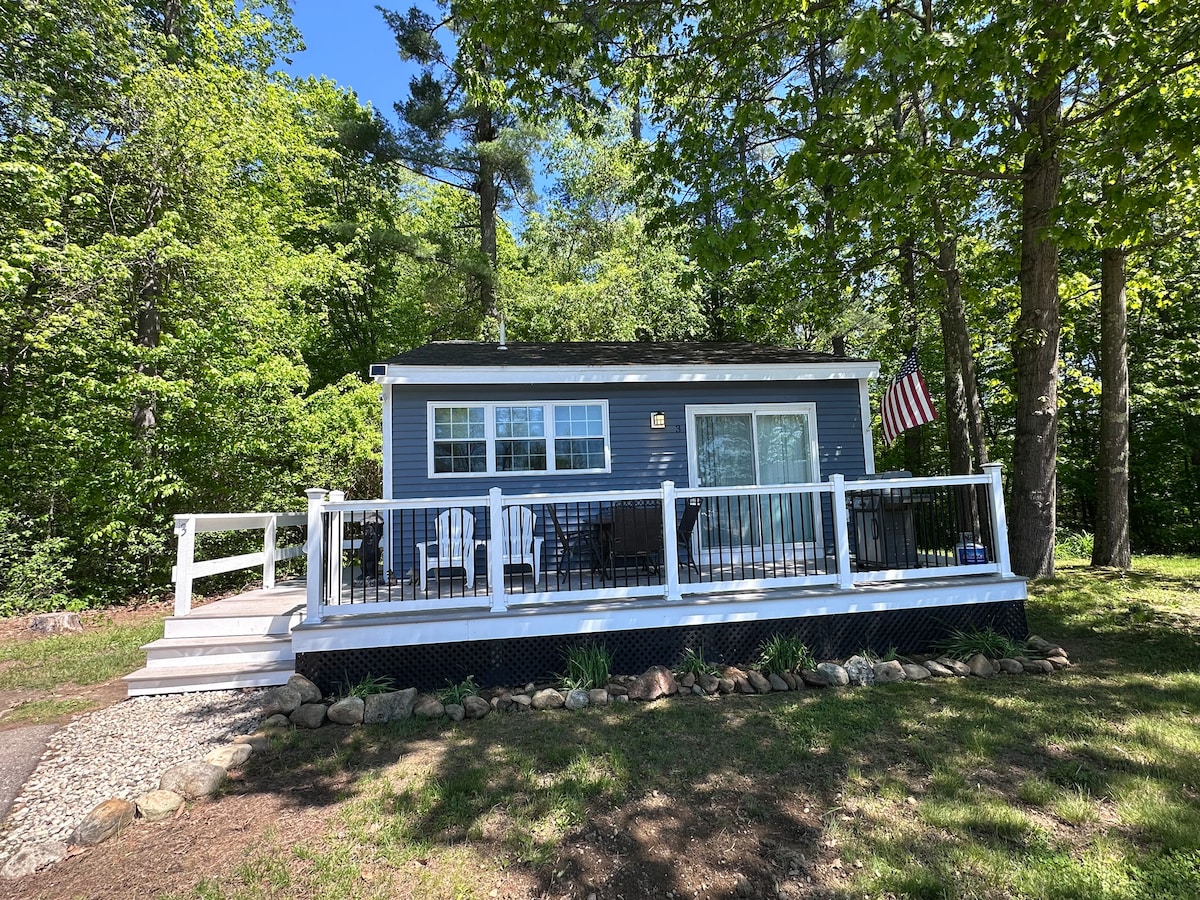 A charming blue house features a spacious front porch with multiple chairs and a table for relaxation. A flag is displayed prominently at the entrance. Lush greenery surrounds the property, adding to the serene atmosphere.