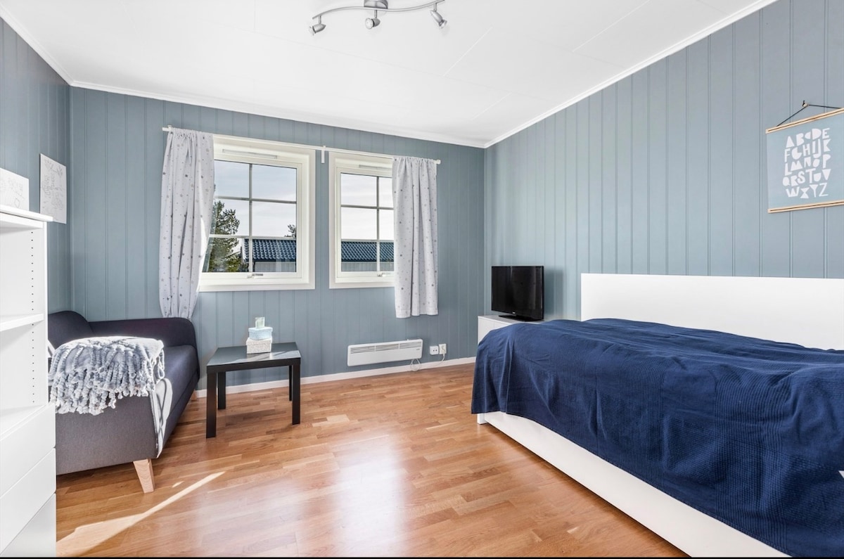 A neatly arranged bedroom features a spacious bed covered with a blue blanket. A comfortable sofa sits beside a small table, and a television is mounted on the wall. Natural light enters through two windows, with light curtains providing a soft ambiance.