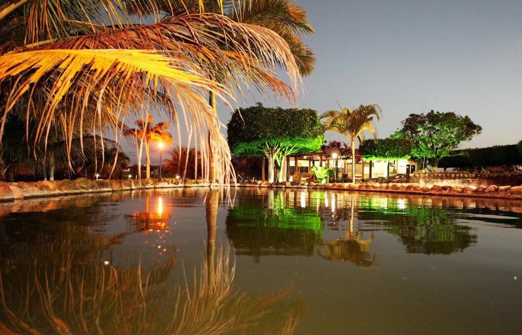 An inviting swimming area reflects the surrounding palm trees and illuminated greenery at dusk. The calm water captures the soft glow from lights, creating a serene ambiance. A cozy building is positioned in the background, complementing the tranquil environment.