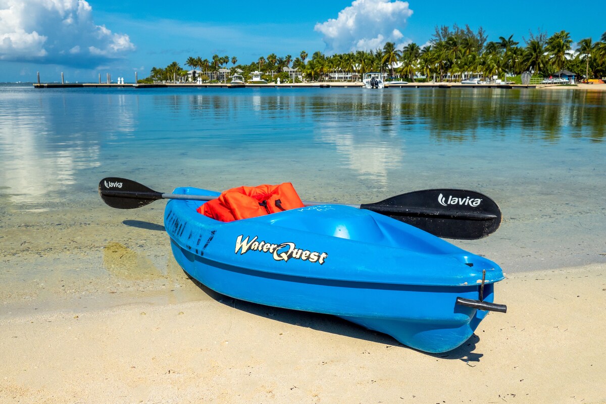 A bright blue kayak is positioned on the soft sandy beach, partially submerged in the calm, clear water. The kayak is equipped with a red seat cushion and two paddles resting alongside. Lush palm trees and a serene shoreline are visible in the background.