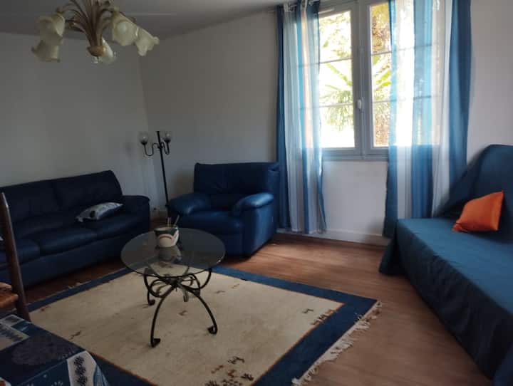 Le grand salon, très lumineux,vue du lac
Un canapé 2/3 places en cuir ,un fauteuil en cuir ,un clic clac peut être utilisé pour coucher deux personnes