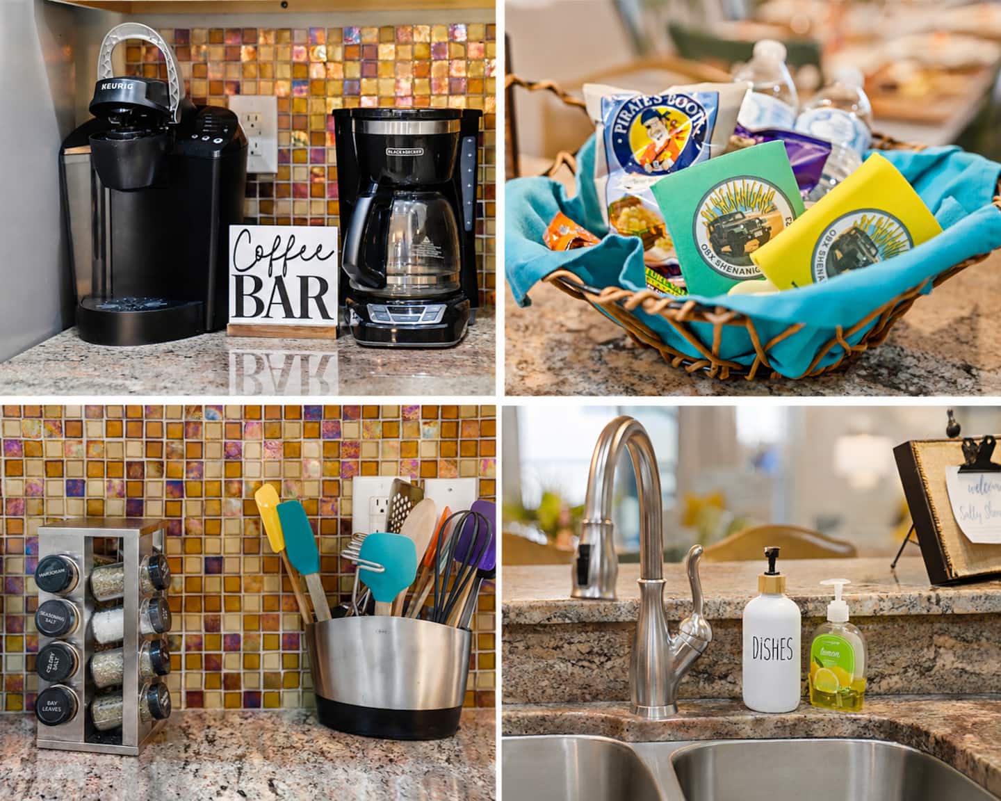 Thoughtfully stocked with the little extras that make vacation easier. Enjoy a full coffee station, cooking essentials, welcome snacks, and the comforts of home throughout your stay.