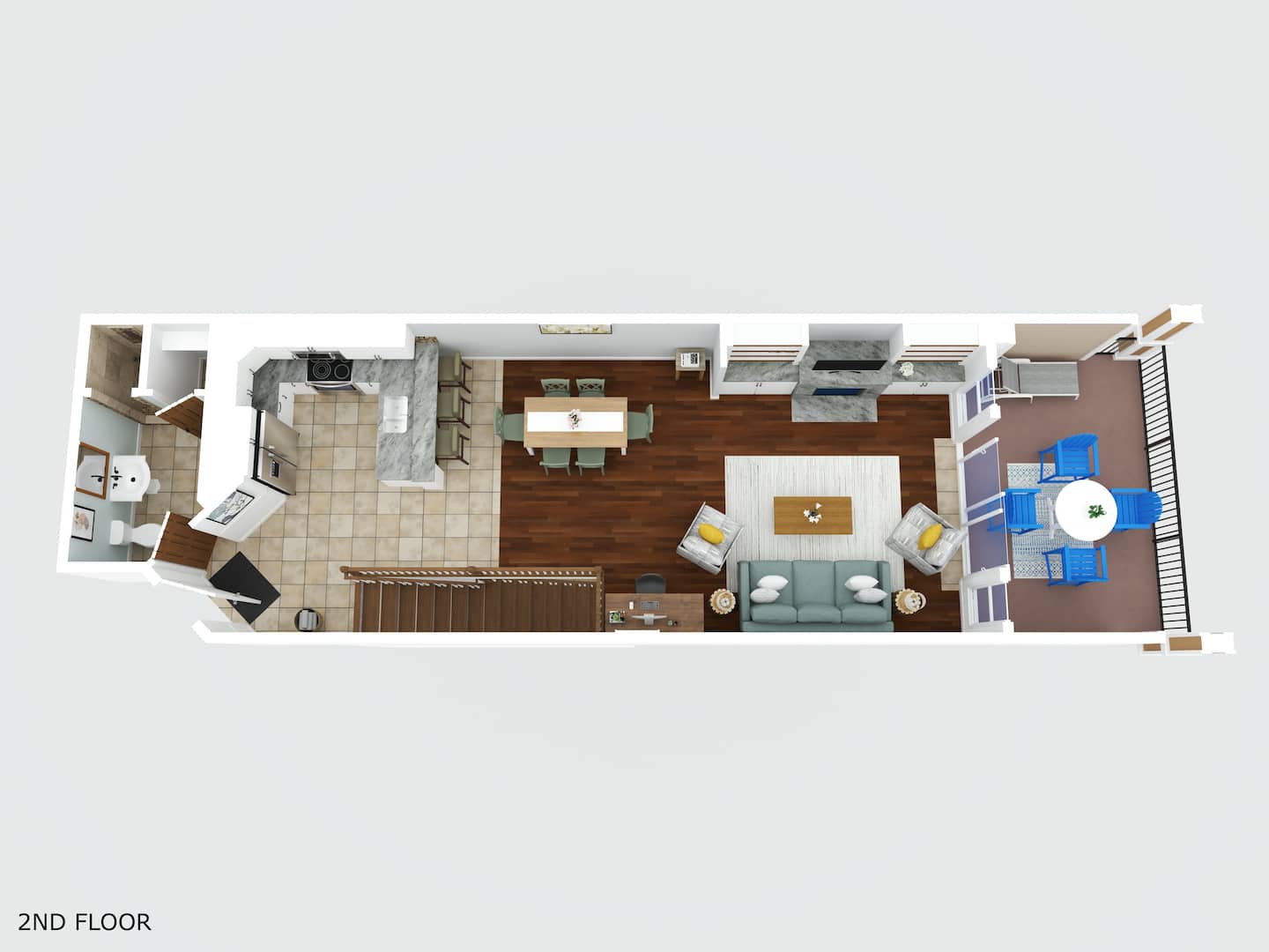 See how the second floor is designed for gathering. This layout shows the open-concept kitchen, dining, living room, and balcony, where everyone comes together after a day at the beach.