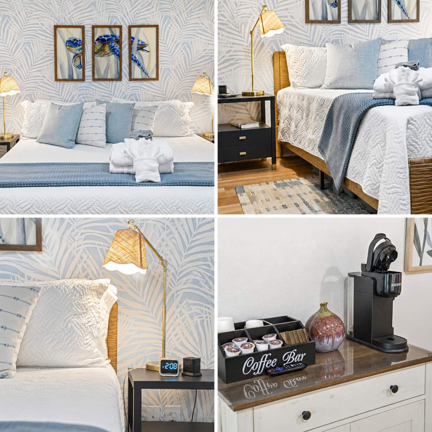 From cozy textures and calming coastal décor to your own bedside coffee setup, every detail in this bedroom was designed to help you unwind and feel at home.