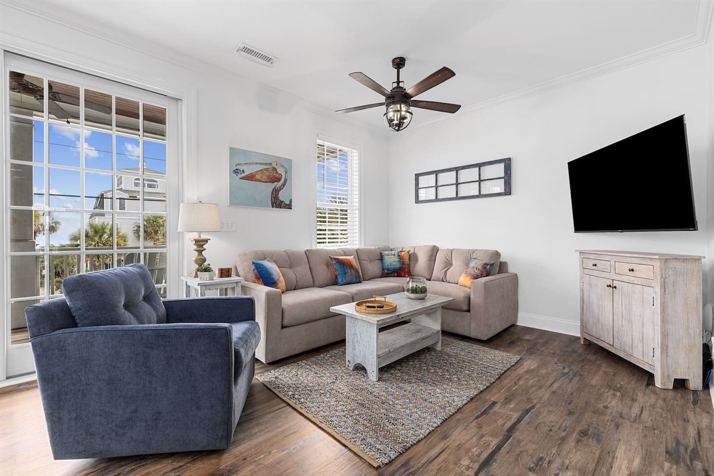 Sink into the living room after a beach day where the whole group fits without anyone perched on an armrest.