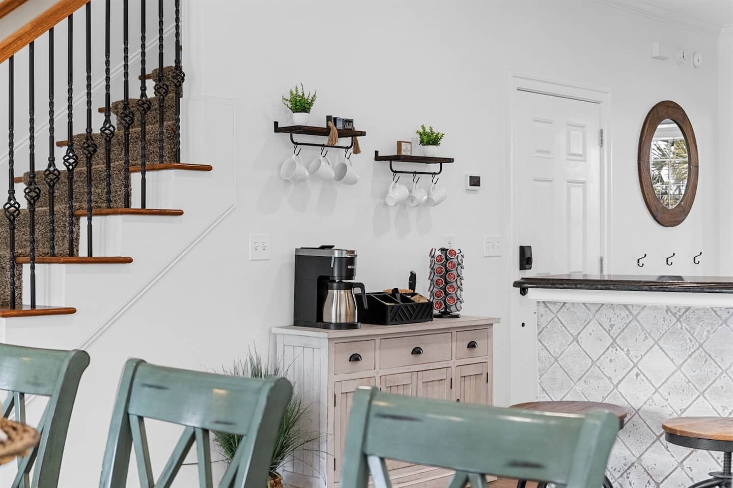 Brew it your way with drip and Keurig side by side. Eighteen people, no morning coffee standoff.