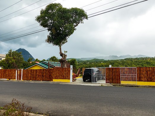A view from the street showcases the property's welcoming entrance, framed by a sturdy wooden fence. A large tree stands prominently next to the gate, while a black car is parked in the driveway. Rolling hills and a mountain are visible in the background.